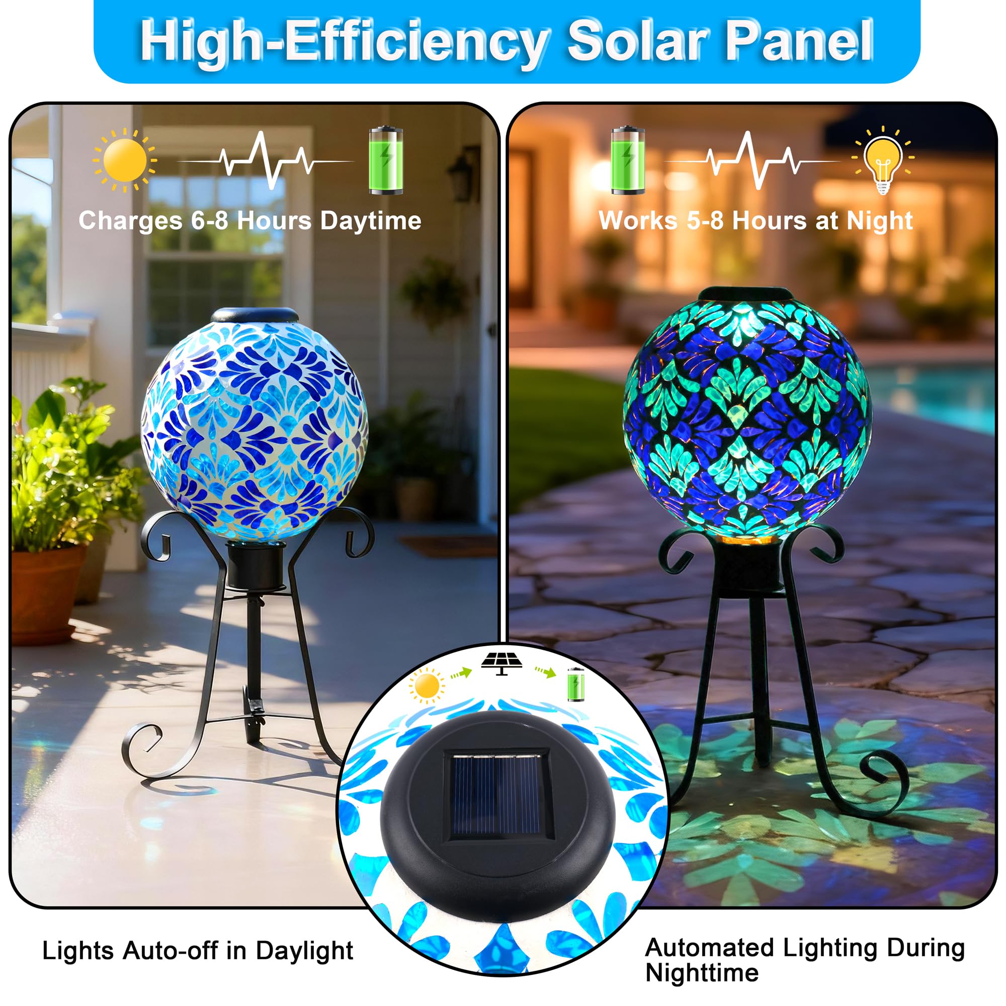 SAVENNA Mosaic Solar Gazing Ball 10 Inch, Glass Garden Globe with Auto On/Off for Yard, Lawn & Outdoor Decor, Blue Mosaic