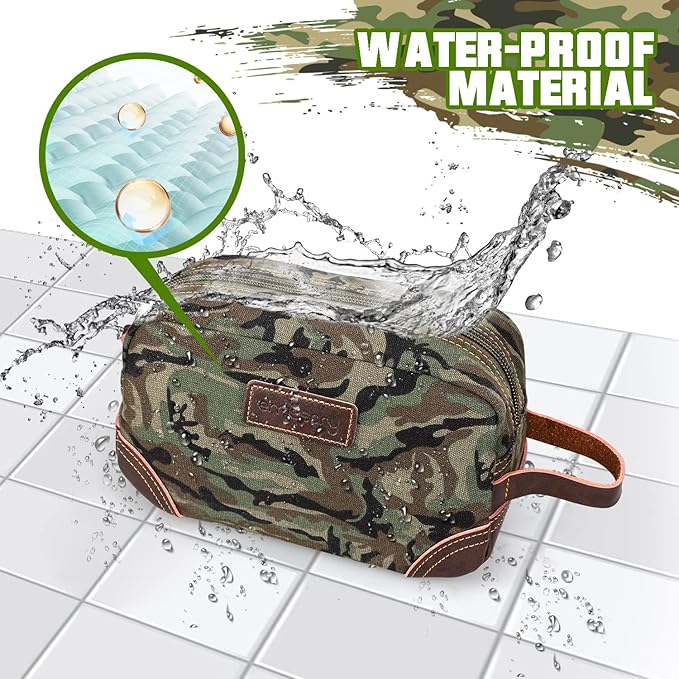 Emissary Leather & Canvas Dopp Kit - Men's Shaving & Toiletry Travel Bag, Small, Camo-Green