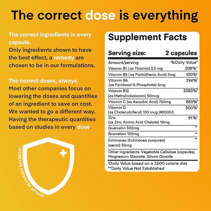 A Dose of Immunity Quercetin with Vitamin C and Zinc, Vitamin D, 500mg Quercetin Bromelain with Echinacea & B Vitamins (60 Count)