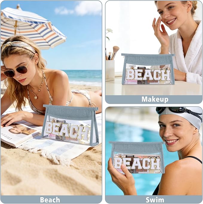 Beach Pouch Sunscreen Clear Makeup Bag Chenille Letter Beach Cosmetic Pouch Summer Essential Cute Toiletry Pouch Travel Accessories Gifts for Women