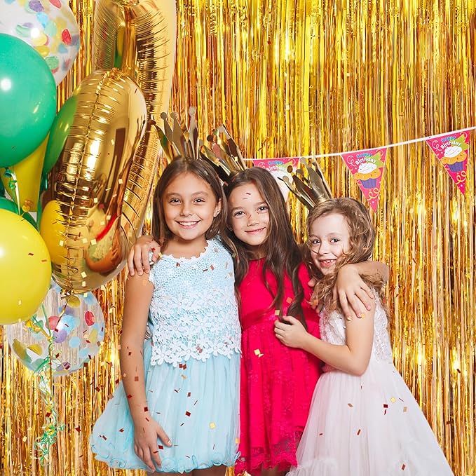 Gold Metallic Tinsel Foil Fringe Curtains, 2 Pack 3.3x8.3 Feet Party Streamer Curtains for Birthday Party Decorations, Halloween Decor, Foil Curtain Backdrop for Bachelorette Party