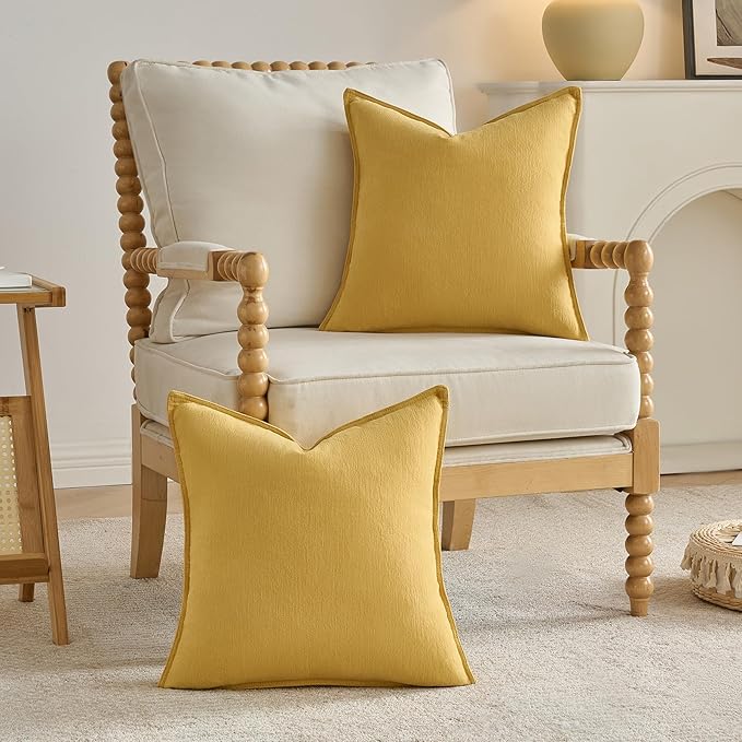FUTEI Mustard Yellow Chenille Throw Pillow Covers 24x24 Inch Set of 2,Edges Double-Stitched European Cushion Cases,Modern Home Decor for Couch Living Room