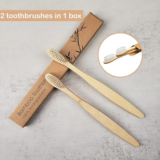 SEVENHEAD 2 PCS Bamboo Toothbrushes for Adults - Soft Bristles, Natural Biodegradable, BPA Free, Eco-Friendly, White
