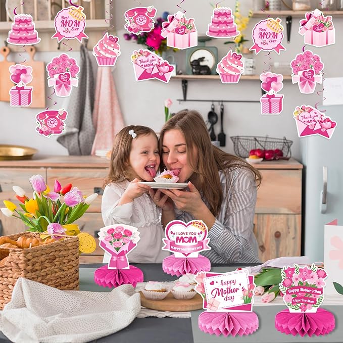 Mother's Day Decorations Set - Pink Glitter Happy Mother's Day Banner, Print Garland, Hanging Swirls, Honeycomb Centerpieces - Best Mom Ever Party Supplies