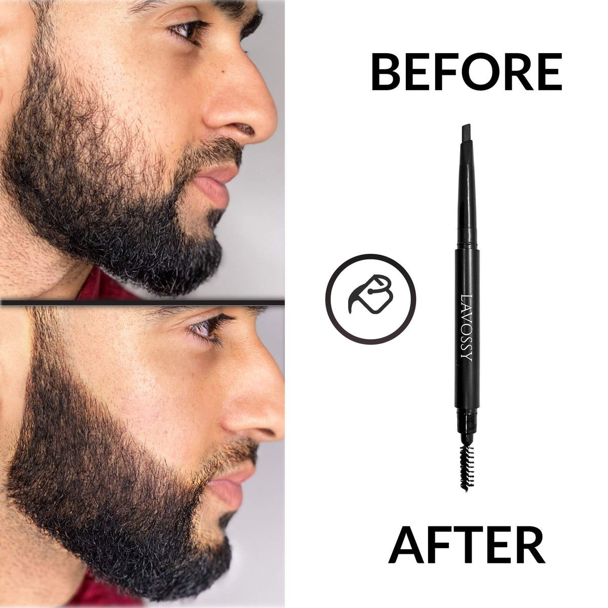 LAVOSSY Beard Pencil Filler for Men - Black, Pack of 3 - Long Lasting and Easy to Use with Blending Brush, Water/Sweat Proof, Fills Patchy Beard, Moneyback Promise