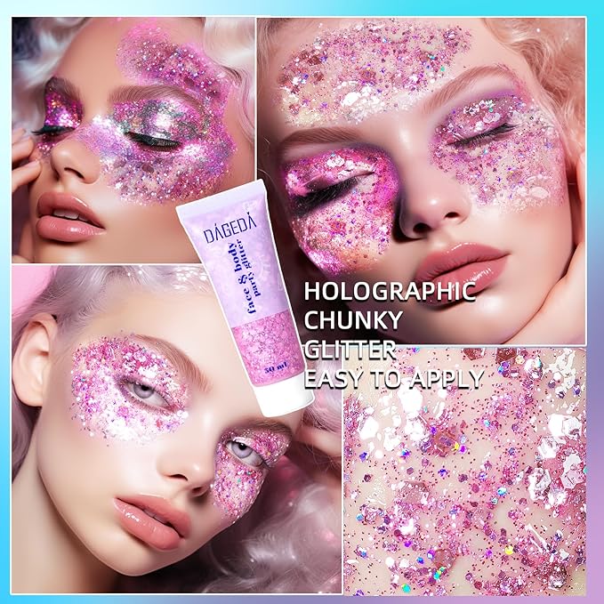 DAGEDA Body Glitter Gel, Face Glitters Body Gel Sequins Shimmer Liquid Eyeshadow, Chunky Glitter for Face Hair Nails, Holographic Cosmetic Laser Powder Festival Makeup 50ml(Pink)