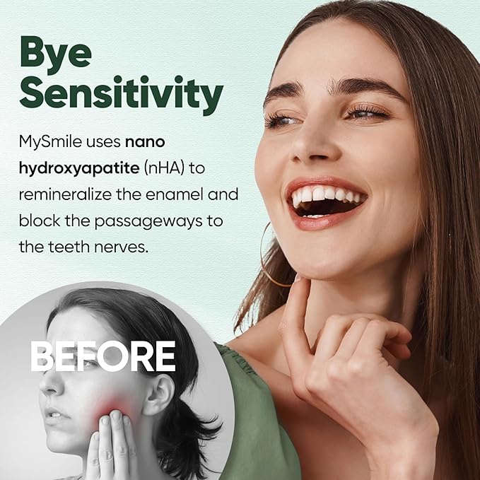 MySmile Fluoride Free Nano Hydroxyapatite Toothpaste for Sensitive Teeth, Strengthens Enamel, Remineralizes & Whitens Teeth, Freshens Breath for Adults, SLS Free, Misty Mint, 4.2 oz