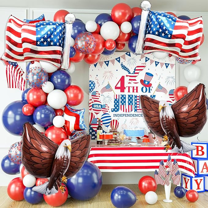 4 PCS American Flag Balloons Eagles Balloon, Large 3D Eagle Balloon Patriotic Balloons for 4th of July Party Decorations Red White Blue Decorations