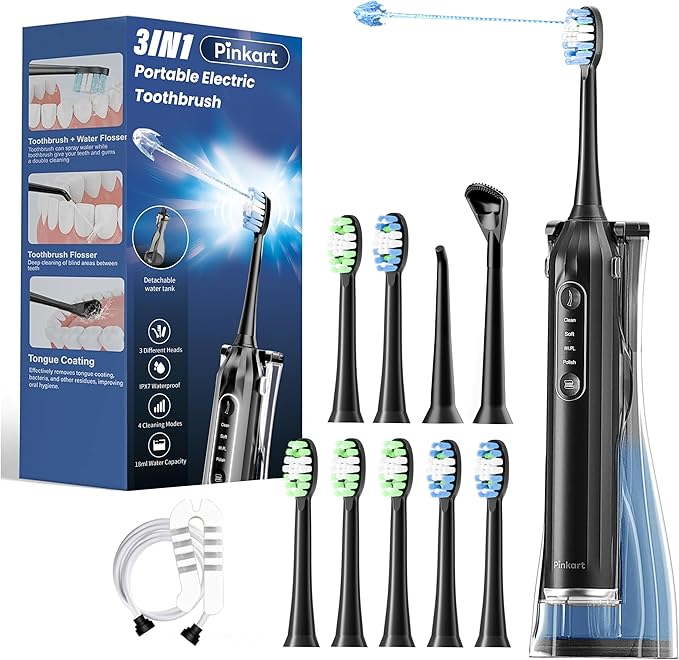 Pinkart 3 in 1 Electric Toothbrush with Water Flosser Combo for Adults, Toothbrush Flosser Combo in One, 8 Brush Heads, Flosser Tip, 180ML Water Tank, Rechargeable Portable Oral Irrigator (Black)