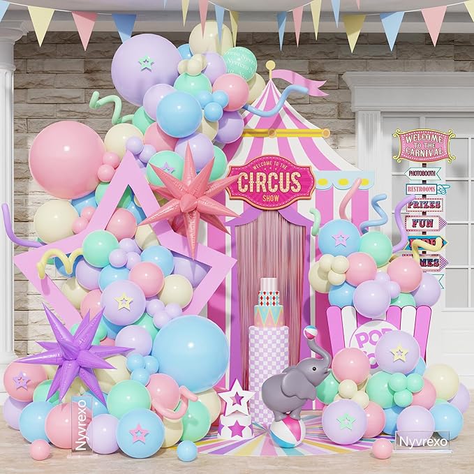 Carnival Circus Pastel Balloon Arch Garland Kit, 143pcs Macaron Pink Purple Blue Green Yellow Balloons Explosion Star Foil Balloons for Carnival Theme Birthday Party Baby Shower Decorations