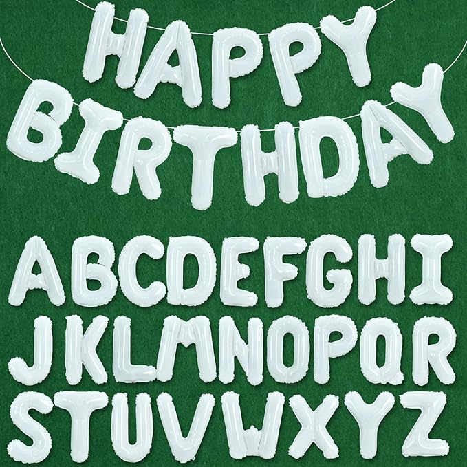 TONIFUL 65 Pcs 16 Inch White Happy Birthday Balloons and 2 Sets A-Z Foil Letters Balloons DIY Personalized Phrase Banner for Birthday Celebration Halloween Thanksgiving Christmas Party Decorations
