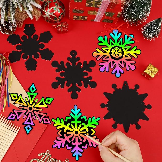 JULMELON 36Pcs Snowflake Scratch Art, Magic Rainbow Scratch Paper Art Winter Holiday Christmas Crafts for School Classroom Activity Christmas Winter Holiday Party Favors Gifts
