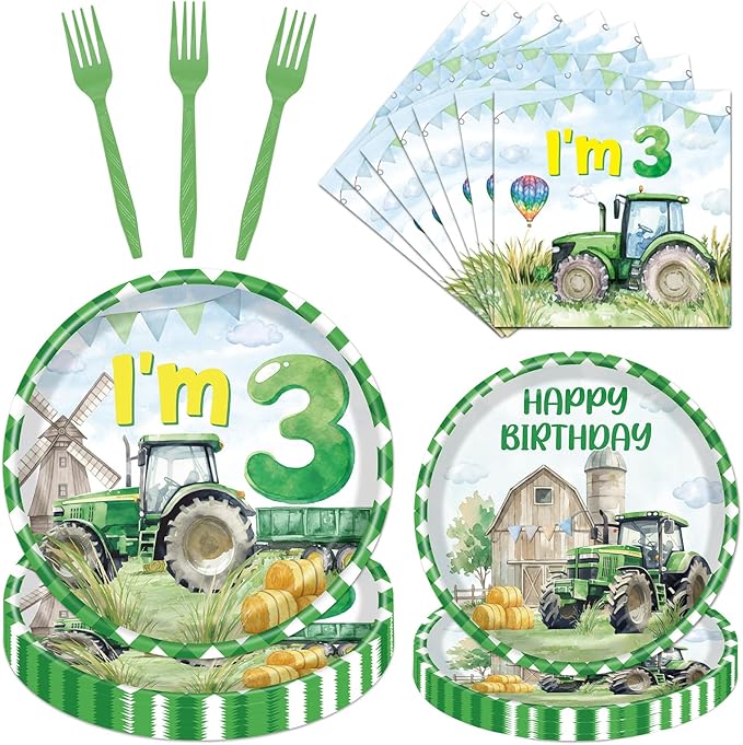 Rakuto Tractor Birthday Party Decorations, 96PCS Tractor 3rd Birthday Disposable Paper Plates and Napkins Decorations, Farmer Themed 3 Years Old Tractor Decor Supplies Serve 24
