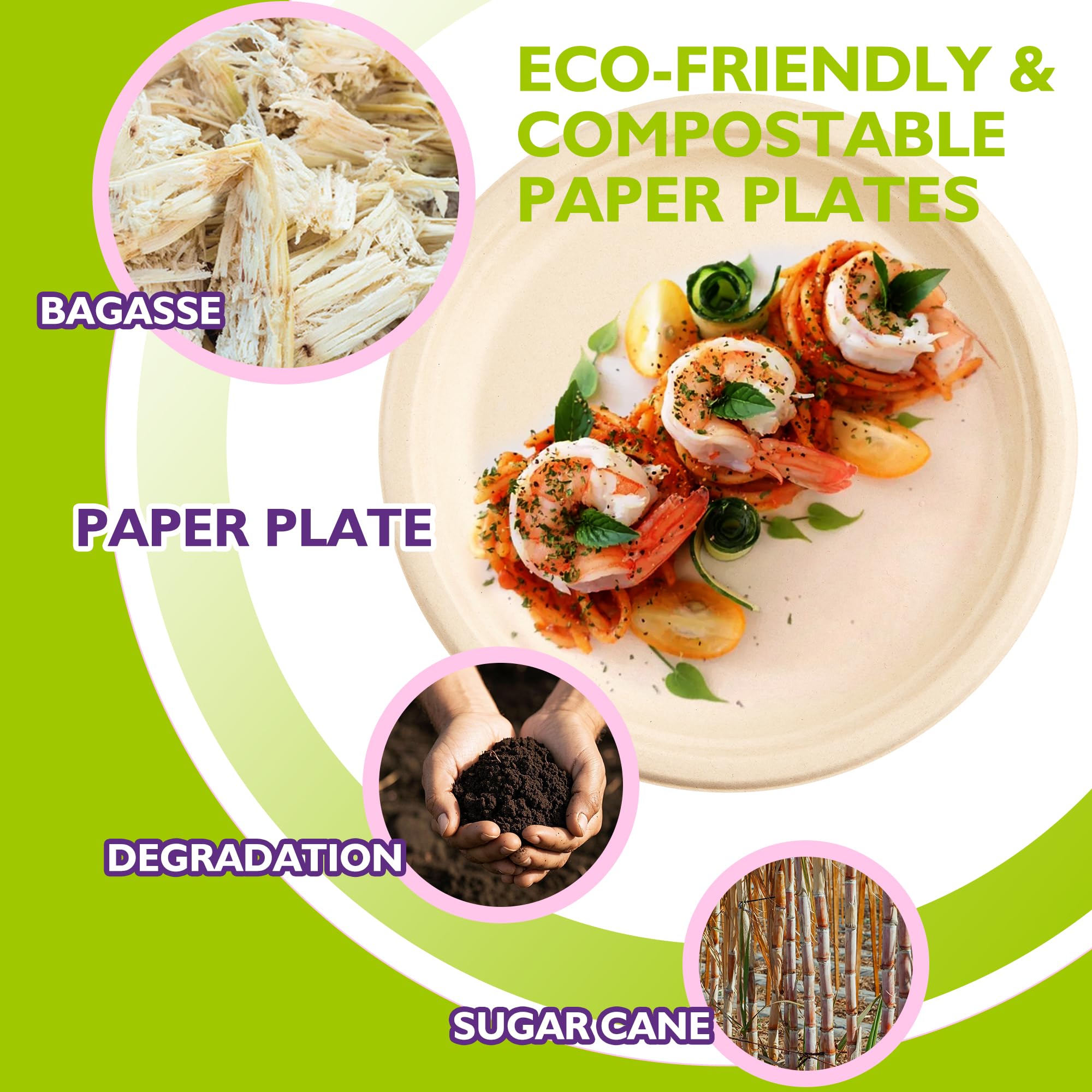 PACKINNO 9 Inch 500 Pack Compostable Paper Plates Round Unbleached Brown Plates Made from Natural Sugarcane Fibers, Biodegradable Heavy Duty Disposable Plates for Party, Camping, Picnic