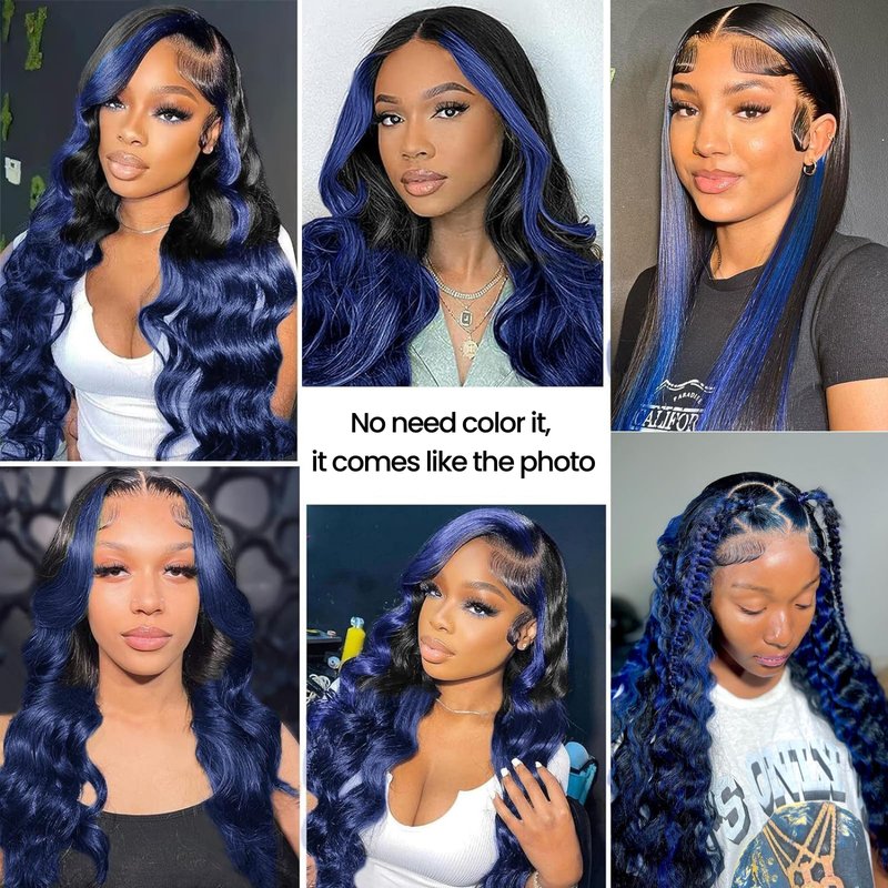 ALHER Black Mix Blue Highlight Body Wave 4x4 Lace Closure, 12A #1B/Blue Colored Closure Free Part Pre Plucked with Baby Hair, 100% Virgin Remy Human Hair for Black Women 150% Density 10 Inch