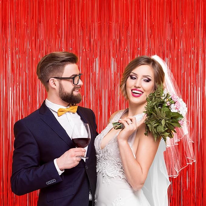 2Pack Red Foil Fringe Curtain, Red Tinsel Party Streamer Backdrop Curtains Wedding Photo Backdrop Party Decorations Door Streamers for Birthday Bridal Shower Bachelorette Xmas Anniversary Decorations