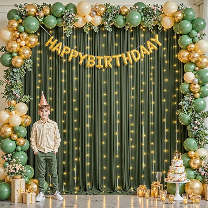 10 x 10ft Hunter Green Backdrop Curtains with Lights String Polyester Photo Backdrop Drapes Wrinkle Free Dark Green Long Curtain for Birthday Party Wedding Reception Baby Shower Ceremony-10 x 5ft x 2P