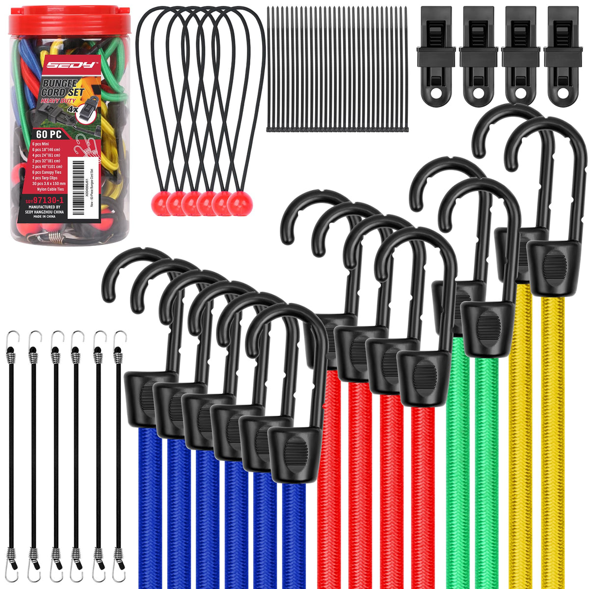 60-Piece Bungee Cords Assorted Sizes - 10" 18" 24" 32" 40" Bungee Cords with Hooks, Heavy Duty Outdoor, Large Medium Small Mini Elastic Canopy Tarp Bungee Ball Ties Tarp Clips Organizer