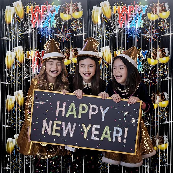 GOER Foil Curtain Backdrop for New Year Eve Party Decorations| Metallic Tinsel New Year Theme Photo Booth Props (5 Pcs)