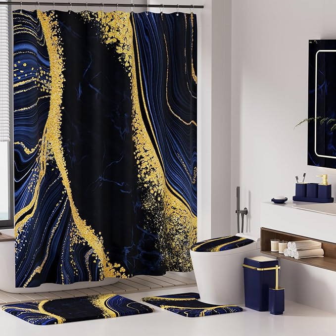 25PCS Bathroom Accessory Set, Navy Blue Bathroom Set with Large-Capacity 4 Gallon Trash Can,Bathroom Rugs Set, Waterproof Shower Curtain, Toilet Brush, Toothbrush Holder & Soap Dispenser