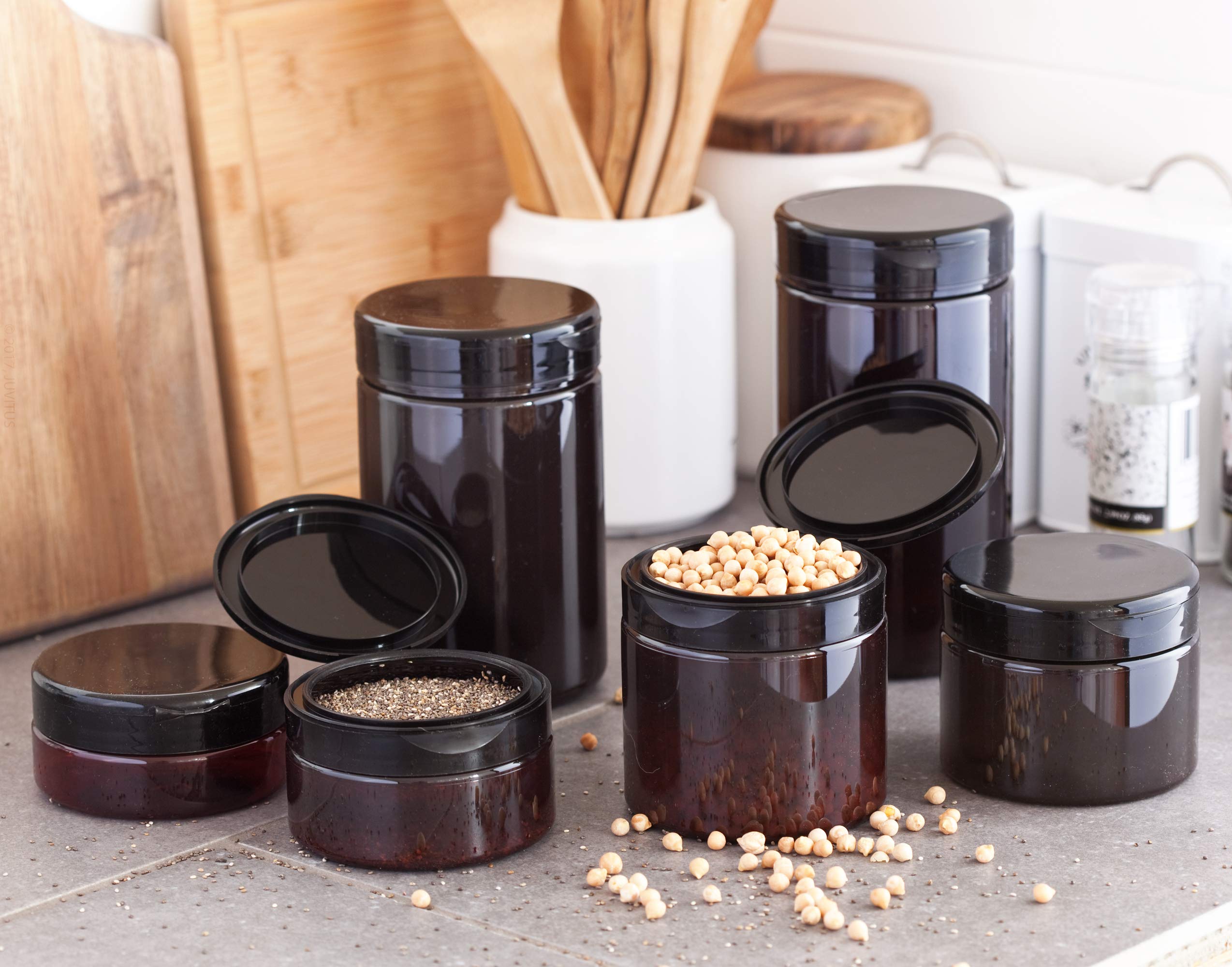 (12 Pack) 12 oz Amber PET Plastic Jar with Black Flip Top