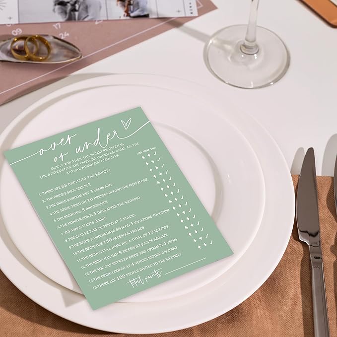 Over or Under Game Cards, Sea Green Bridal Shower Games, 30 Elegant Wedding Game for Bachelorette Engagement Party Reception Supplies - A11