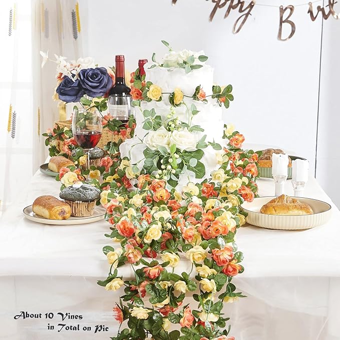 8 Pcs x 8.2 ft Flower Garland Artificial Rose Vine Flowers with Green Leaves Hanging Fake Roses Vine for Room Party Home Wedding Birthday Christmas Wall Arch Decor, Champagne Flower