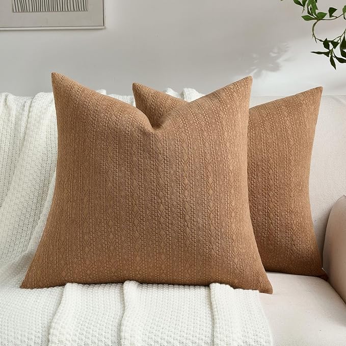 FUTEI Tobacco Chenille Throw Pillow Covers 24x24 Inch Set of 2,Soft Striped & Diamond Textured European Cushion Cases,Modern Home Decor for Couch Living Room