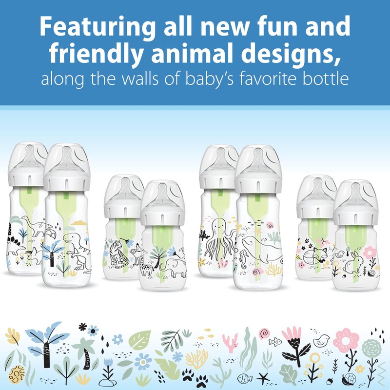 Dr. Brown's Anti-Colic Options + Wide-Neck Baby Bottle Designer Edition Dino Decos, 9oz/270mL, Level 1 Slow Flow Nipple, BPA-Free, 0m+, 2-Pack