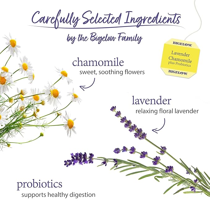 Bigelow Tea Lavender Chamomile Plus Probiotics Herbal Tea, Caffeine Free with Lavender Chamomile, 18 Count Box (Pack of 6), 108 Total Tea Bags