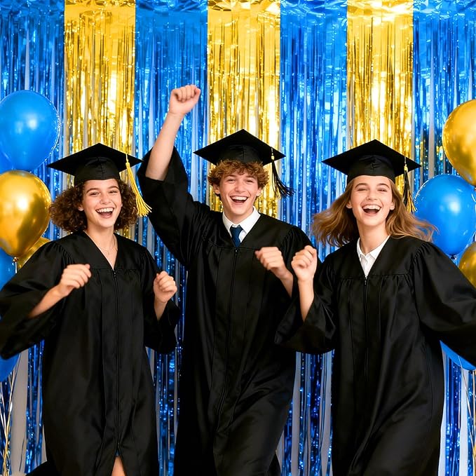 jijAcraft 3 Pack Blue Gold Tinsel Foil Fringe Curtain, Graduation Party Photo Backdrop, Metallic Blue Gold Foil Streamers for Graduation Prom School Decor Boy Birthday Office Party Decorations