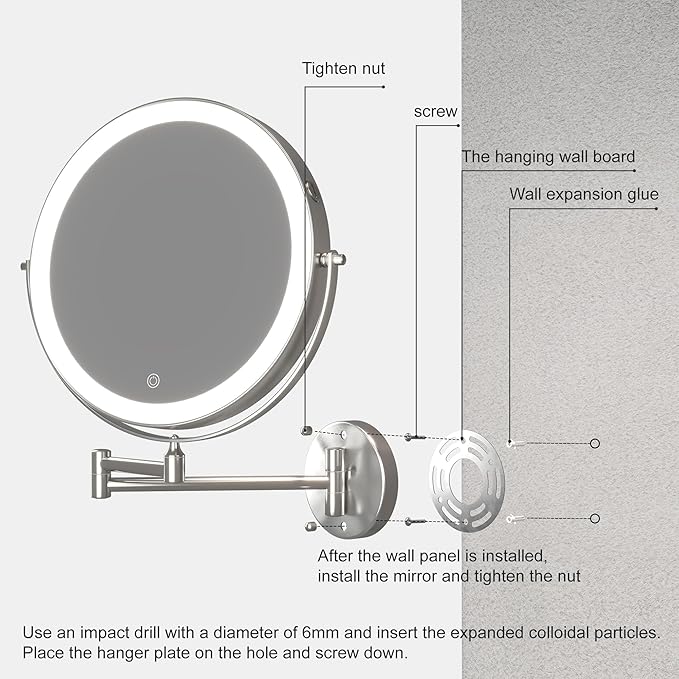 Hasipu 8.5-Inch Wall Mounted Makeup Mirror with Magnification, Rechargeable 2000 mAh Vanity Mirror with Lights, Bathroom Mirror with Dimmable Brightness, 3 Lighting Modes, Extendable Arm, Nickel