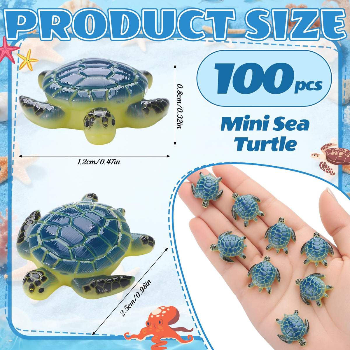 Yerliker 100 Pcs Mini Sea Turtle Figurines Resin Ocean Sea Animals Figures Turtle Lover Gifts Realistic Micro Landscape Decor for Garden, DIY Craft, Coastal Beach Party Favor (Blue)