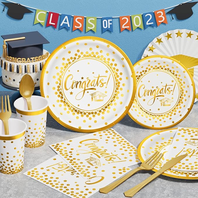 Ecomore 2026 Graduation Decorations - 245 PCS Grad Disposable Dinnerware(Serve 25) & Graduation Party Supplies With Congrats Paper Plate Cup Napkin Cutlery Tablecloth Backdrop Balloon Kit - White Gold