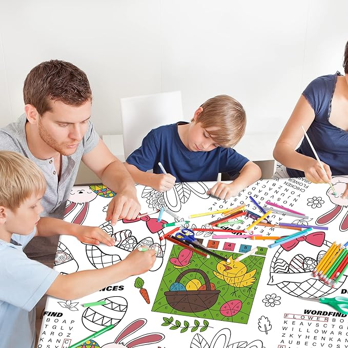 Gatherfun 2 pcs Disposable Easter Color-in Paper Tablecloth Decoration，Happy Easter Paper Table Cover for Children School Party Decor-54 x 88 in，2 pcs