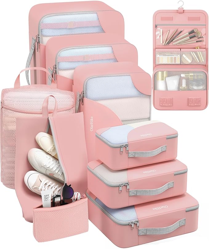 10 Set Packing Cubes for Travel, Gifts for Women Mom,Anti-Tearing Suitcase Organizer for Luggage with Shoe & Hanging Toiletry Bag,OlarHike Vacation Essentials & Accessories for Cruise Ship
