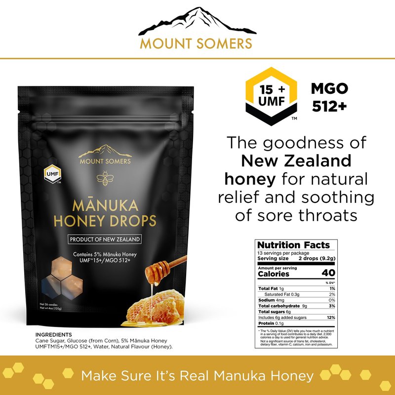 Mount Somers UMF 15+ Manuka Honey Drops - 26pcs Soothing Throat Lozenges from New Zealand, Natural Relief for Sore Throats