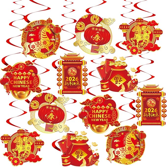 KYMY 2026 Chinese New Year Hanging Swirls Decorations Kit, 24pcs Spring Festival Lunar New Year Streamers & Cutouts for Zodiac Horse Oriental Asian New Year Home Office Party Supplies