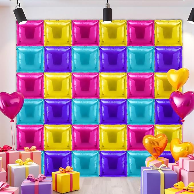 36 Pcs Magic Dollhouse Birthday Decorations Balloons Brick Square Foil Balloons Wall Backdrop Arch Kit Double Sided Metallic for Cartoon Video Game Party Supplies(Pink Blue Purple Yellow)