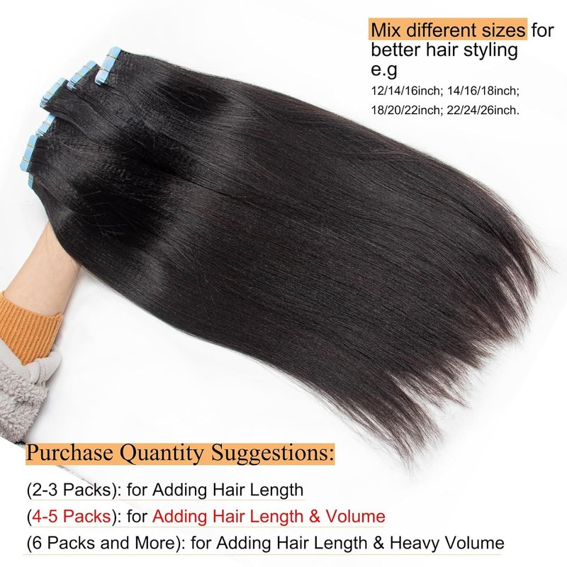FEIPRO Light Yaki Straight Tape ins Tape in Hair Extensions Human Hair Invisible Real Remy Human Hair Seamless PU Skin Weft Soft Natural Black Hair Extension for Women Girls 12 Inch 40g 20pcs/Pack