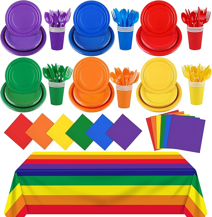 Kochorie 169 Pieces Rainbow Party Supplies Disposable Dinnerware Set Include Plates and Cups Napkins Plastic Forks Knives Spoons Tablecloth for Wedding Birthday Party Decorations, Serve 24 Guests