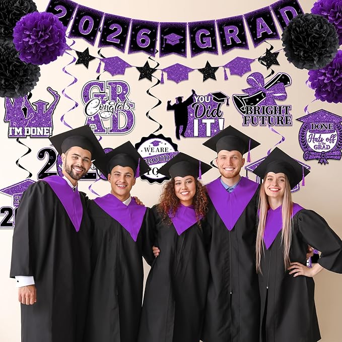 Purple Graduation Decorations, 2026 Grad Banner and Congrats Grad Hanging Swirls, Purple and Black Graduation Banner Graduations Hanging Swirls College Graduations Party Decoration Class of 2026