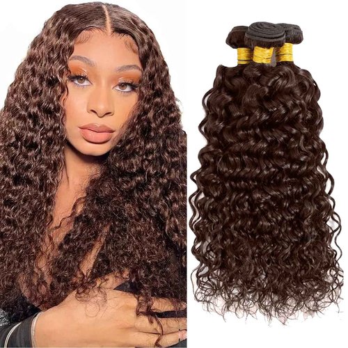 Fabimiya 14 16 18 Inch Human Hair Bundles Brown 4# Water Wave Bundles Human Hair Unprocessed Soft Sewn In Hair with Double Weft for Black Women