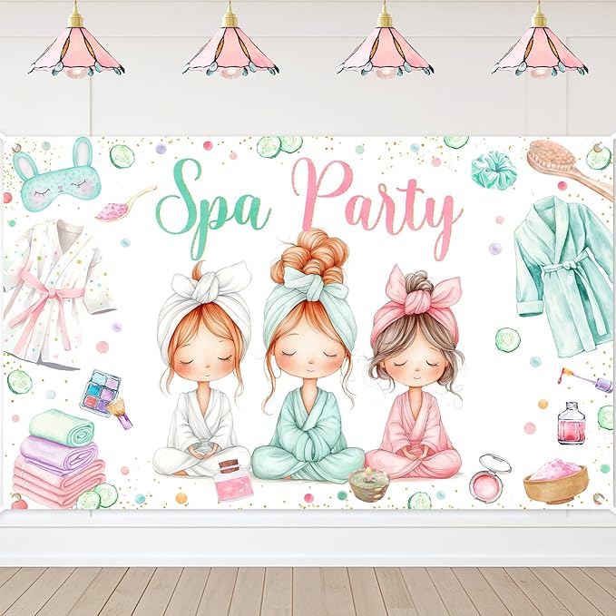 Avezano Spa Party Banner Spa Theme Birthday Party Decoration for Girls Women Spa Day Makeup Slumber Pajama Sleepover Birthday Party Decoration Banner (6x3.6ft)
