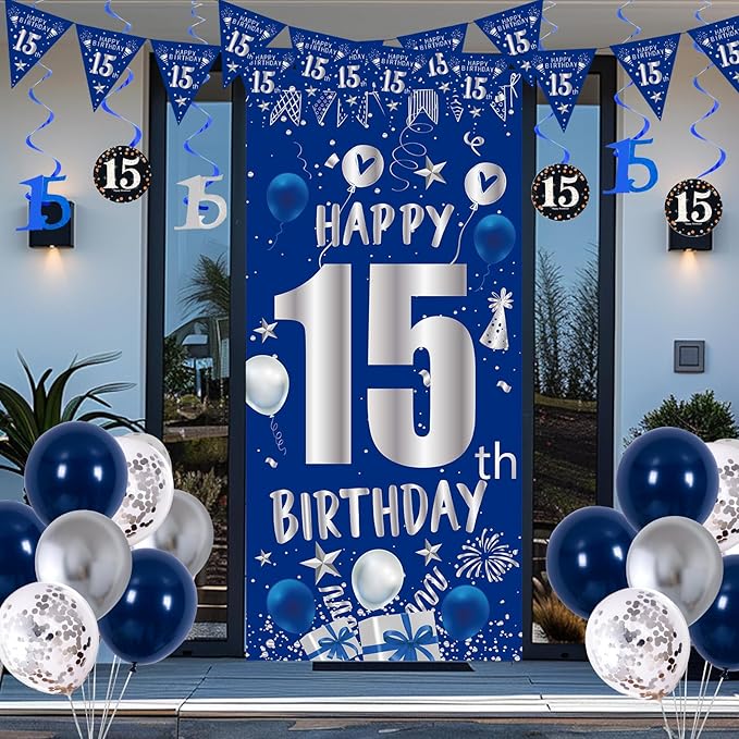 15th Birthday Decorations for Boys Girls, Blue Silver 15th Birthday Decorations Backdrop Banner, Happy 15th Birthday Tablecloth, Number 15 Hanging Swirls, Triangle Flag, 15 Years Old Party Supplies