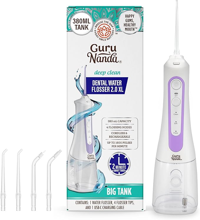 GuruNanda Water Dental Flosser 2.0 XL – 380ML Large Tank, 4 Flossing Modes, Cordless & Portable with Smart Timer for Deep Cleaning & Happy Gums - Lavender