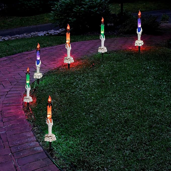 Hourleey Halloween Decorations, 5 Pack Skull Candle Lights with Stakes, Battery Operated Waterproof Pathway Decor with Timer for Indoor Outdoor Front Pathway Lawn Yard Garden