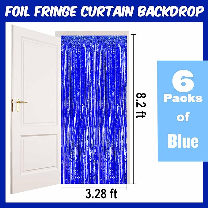 6 Pack Blue Foil Fringe Curtains Backdrop, 3.28 x 8.2 Ft Metallic Streamers Tinsel Curtains Background for Photo Booth, Birthday, Christmas, Halloween, Thanksgiving, New Year Party Decorations