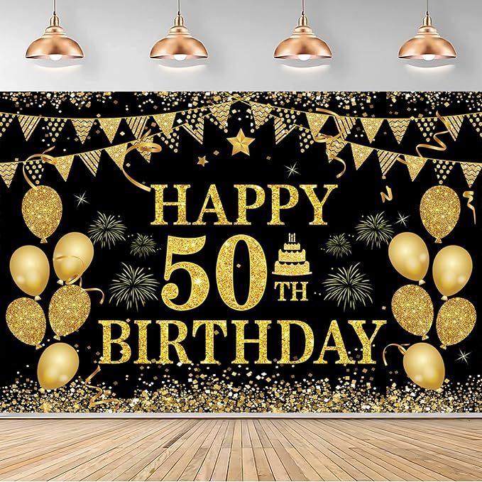 50th Birthday Decorations for Men Women - Happy 50th Birthday Banner Party Decorations Black Gold 50 Years Birthday Party Suppiles Background for Home Outdoor Birthday Decor(71 x 45 inch)