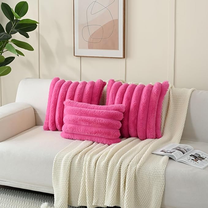 FUTEI Hot Pink Decorative Throw Pillow Covers 16x16 Inch Set of 2, Square Soft Faux Rabbit Fur Thick Striped Cushion Cover,Winter Home Decor for Couch Bed Living Room